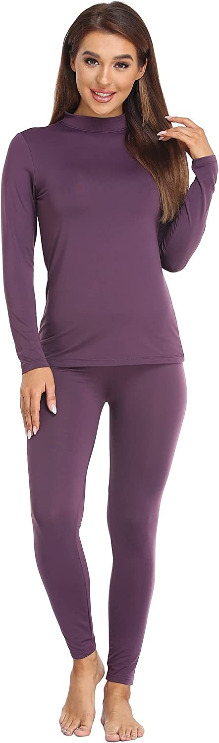 JOLLYBUYER Women s Mock Neck Thermal Underwear Winter Fleece Ultra-Soft Warm Base Layer Set