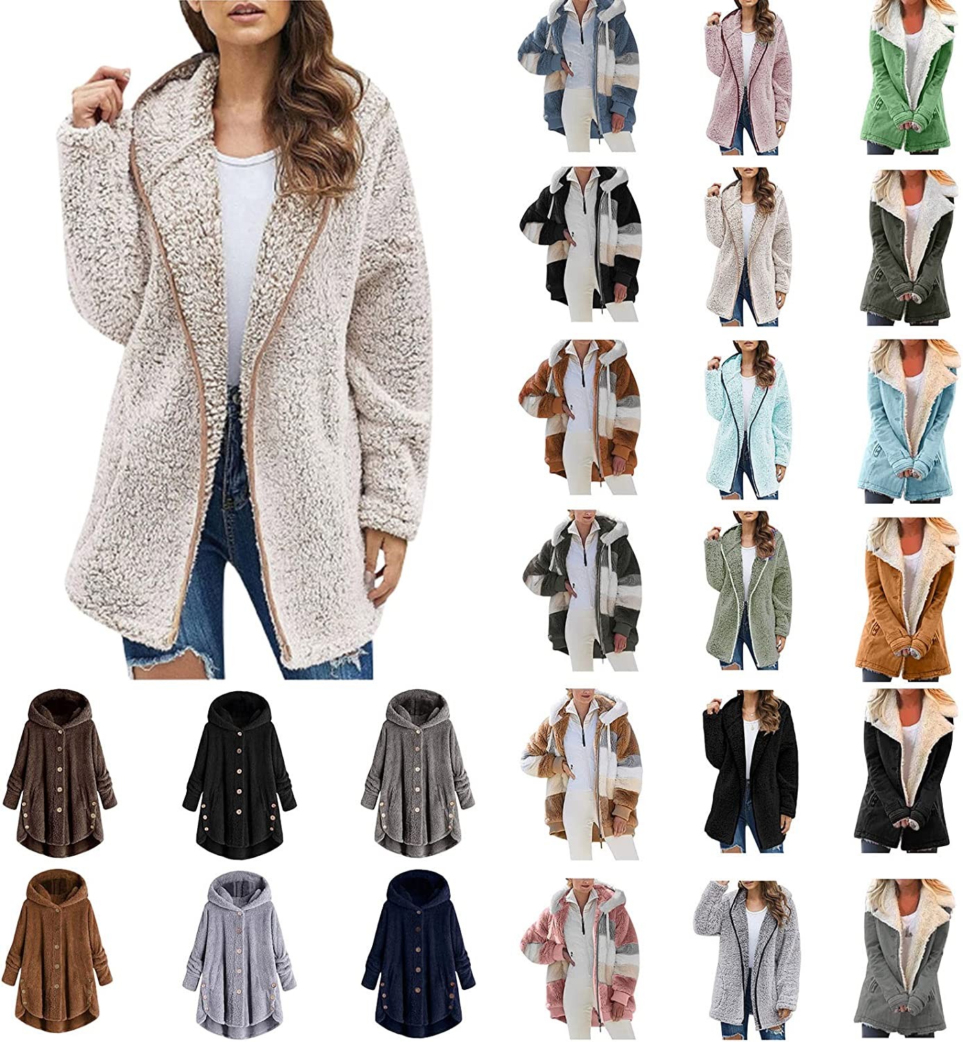 INESVER Womens Winter Coats 2022 Fashion Faux Fur Coat Fuzzy Fleece Warm Sherpa Hoodie Jacket Button Lapel Cardigan Sweater