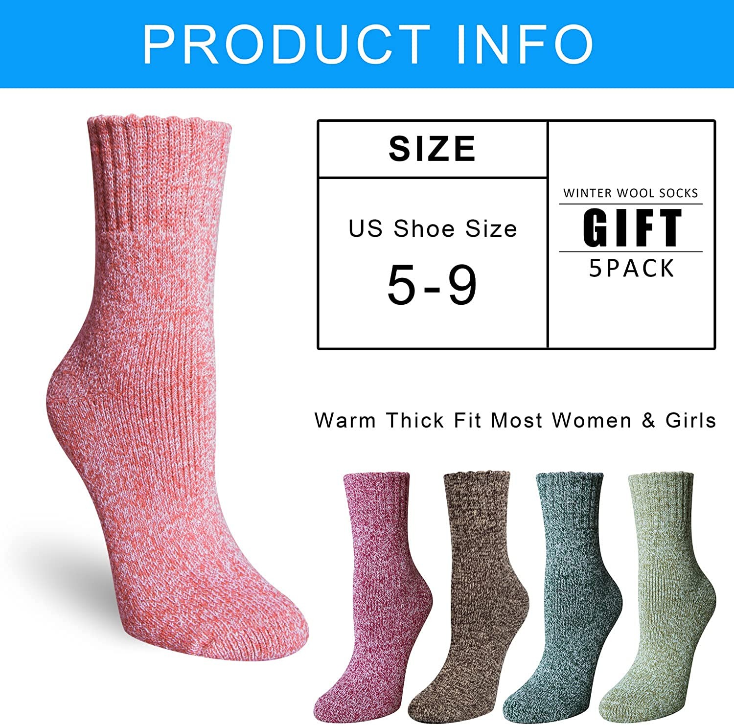 Womens Wool Socks, 5 Pairs Vintage Thick Knit Winter Warm Socks for Women Men Gifts