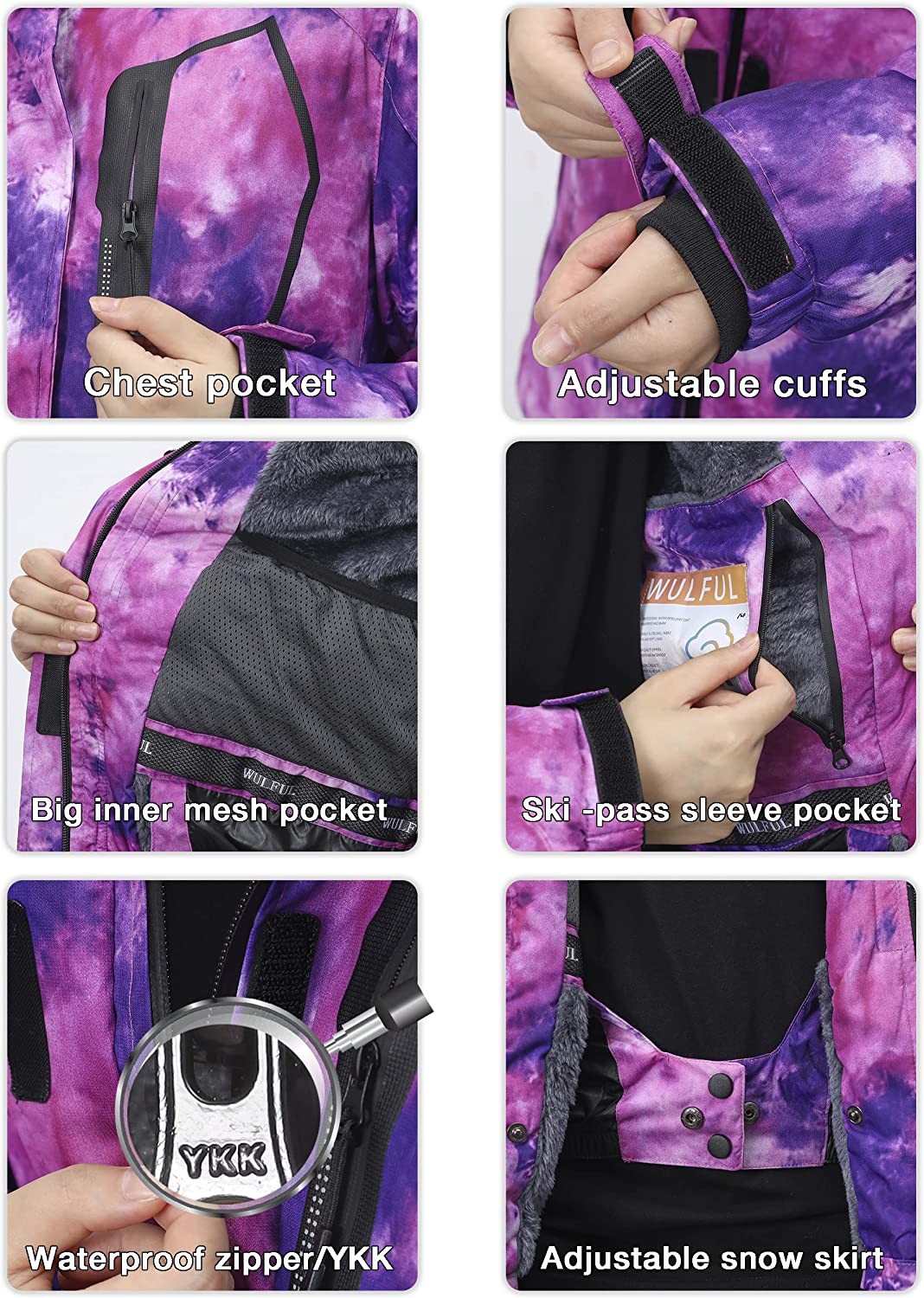 WULFUL Women’s Waterproof Snow Ski Jacket Mountain Windproof Winter Coat with Detachable Hood