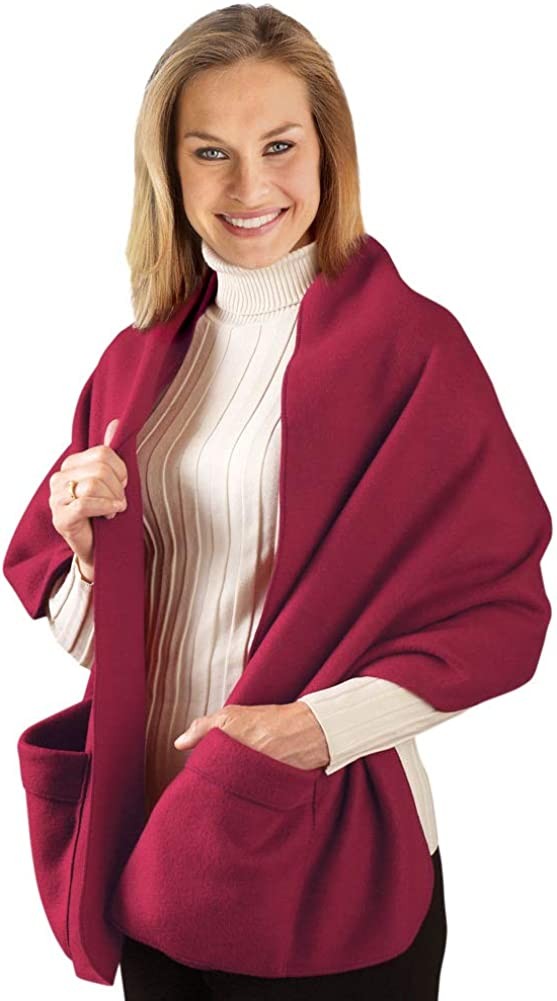 Collections Etc Cozy Fleece Wrap Shawl with Large Front Pockets - Keeps Hands and Shoulders Warm During Cold Winter Season