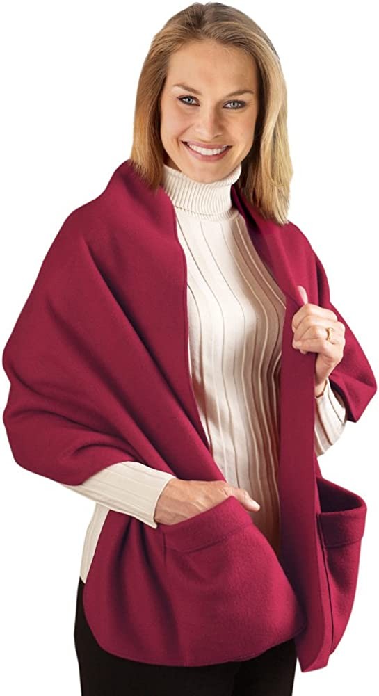 Collections Etc Cozy Fleece Wrap Shawl with Large Front Pockets - Keeps Hands and Shoulders Warm During Cold Winter Season