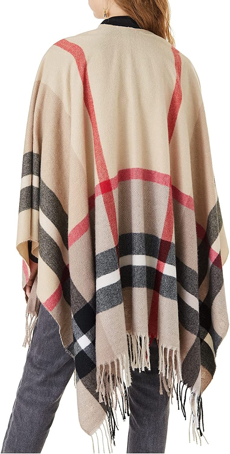 Women s Plaid Shawl Wrap Winter Warm Cardigan Open Front Poncho Cape