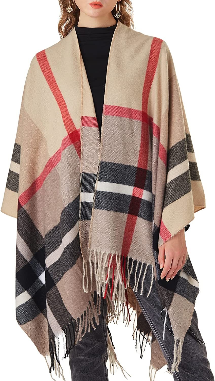 Women s Plaid Shawl Wrap Winter Warm Cardigan Open Front Poncho Cape