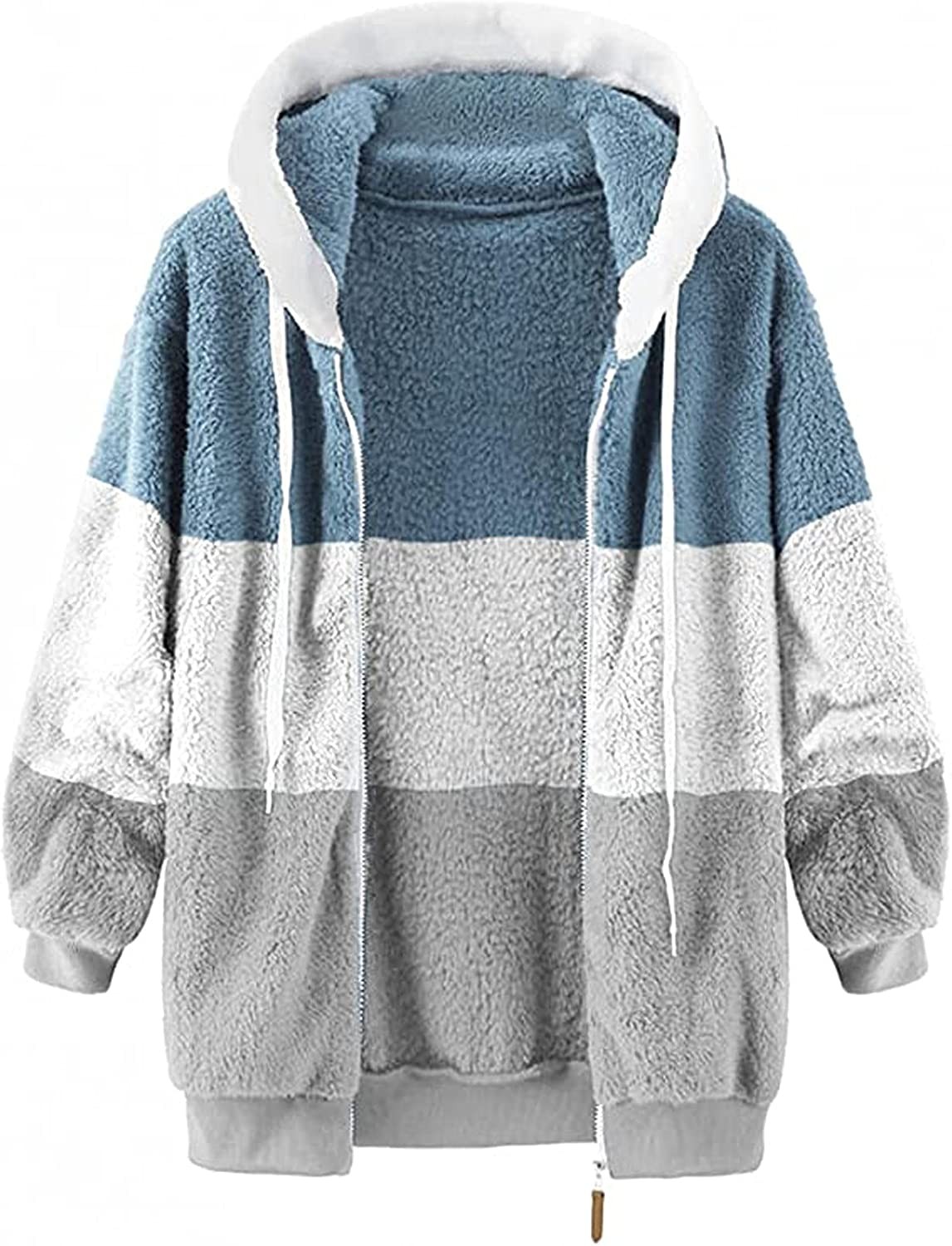 Women s Fluffy Fleece Coat Long Sleeve Full Zip Sherpa Jacket with Hood Warm Casual Cardigan Sweater Coats Outerwear