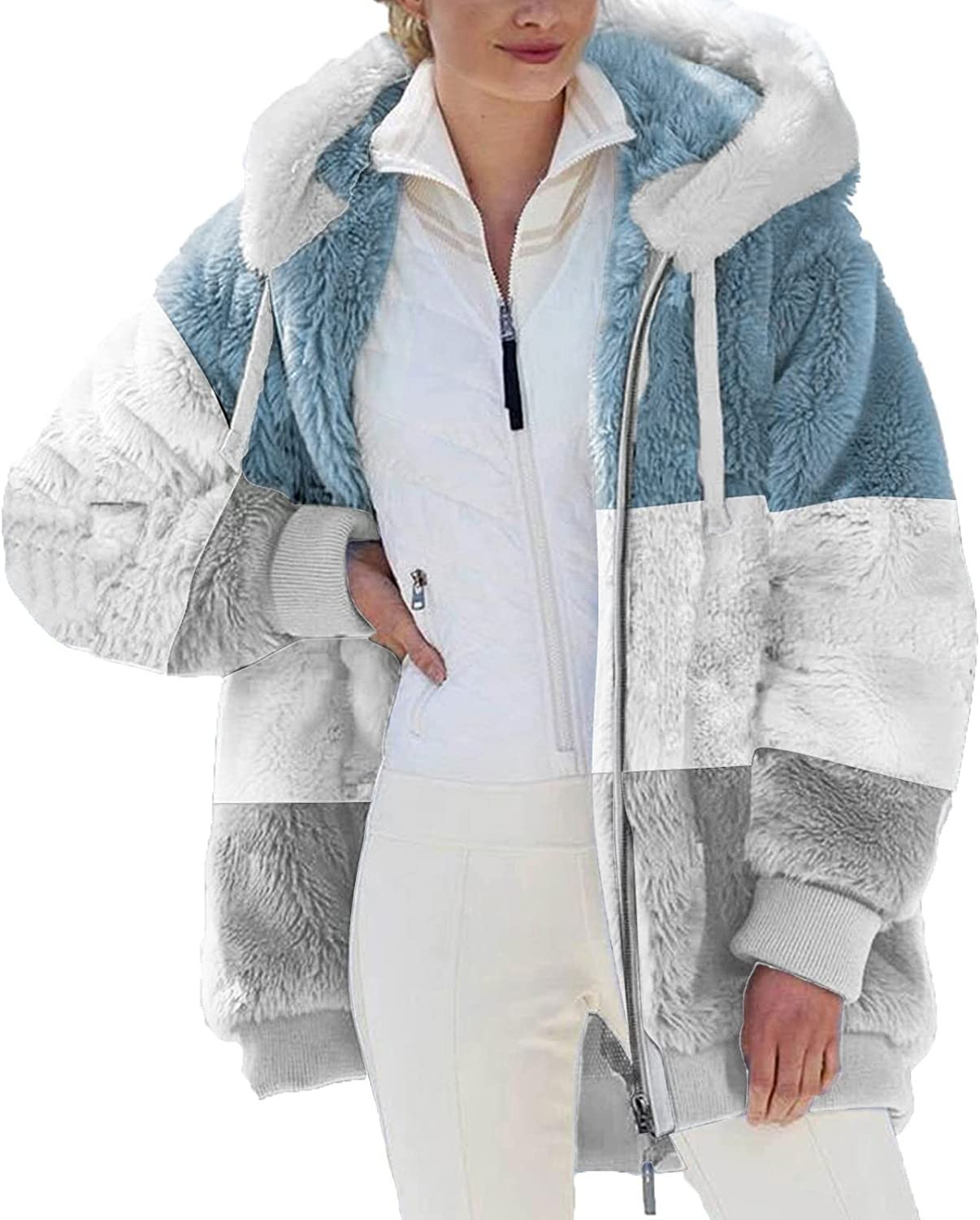 Women s Fluffy Fleece Coat Long Sleeve Full Zip Sherpa Jacket with Hood Warm Casual Cardigan Sweater Coats Outerwear