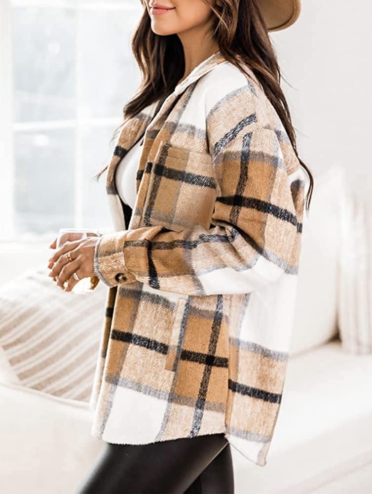 Beaully Womens Casual Plaid Shackets Brushed Flannel Button Down Pocketed Shirt Jacket Coats