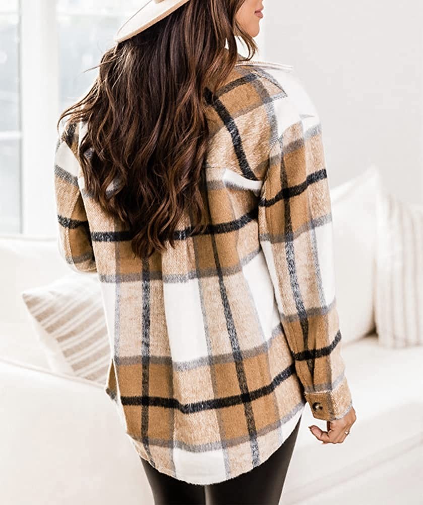 Beaully Womens Casual Plaid Shackets Brushed Flannel Button Down Pocketed Shirt Jacket Coats