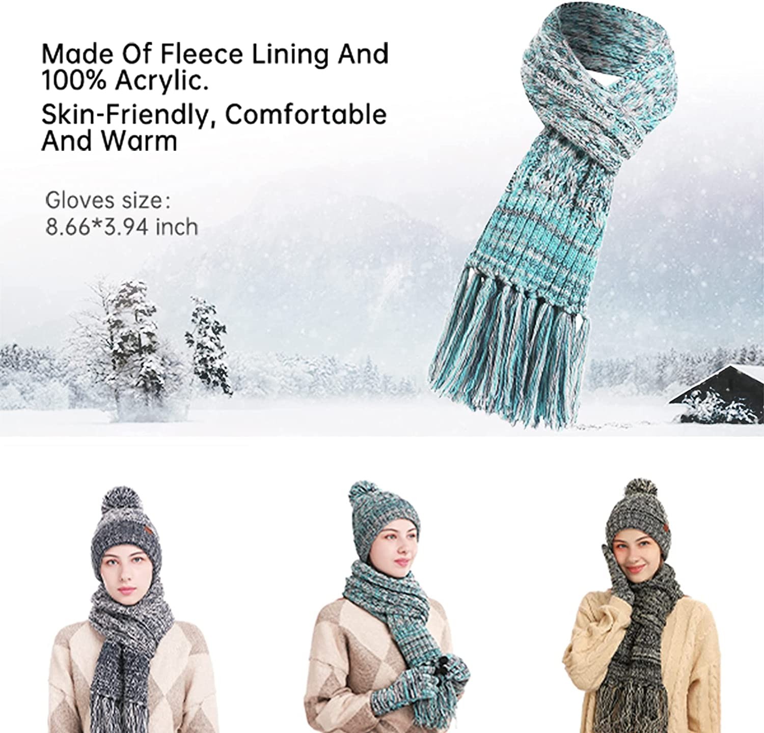 Winter Warm Beanie Hat Scarf and Touchscreen Gloves Set for Womens Skull Caps Neck Scarves with Fleece Lined for Men