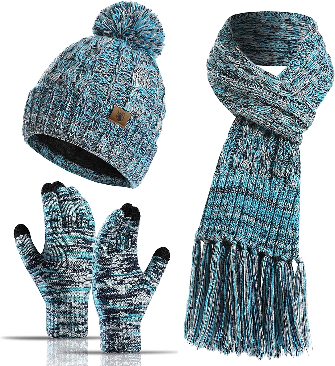Winter Warm Beanie Hat Scarf and Touchscreen Gloves Set for Womens Skull Caps Neck Scarves with Fleece Lined for Men