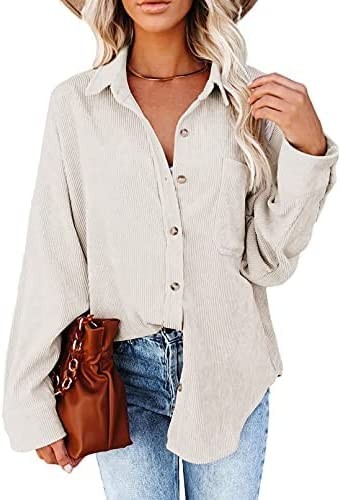 Beaully Women s Corduroy Button Down Pocket Shirts Casual Long Sleeve Oversized Blouses Tops