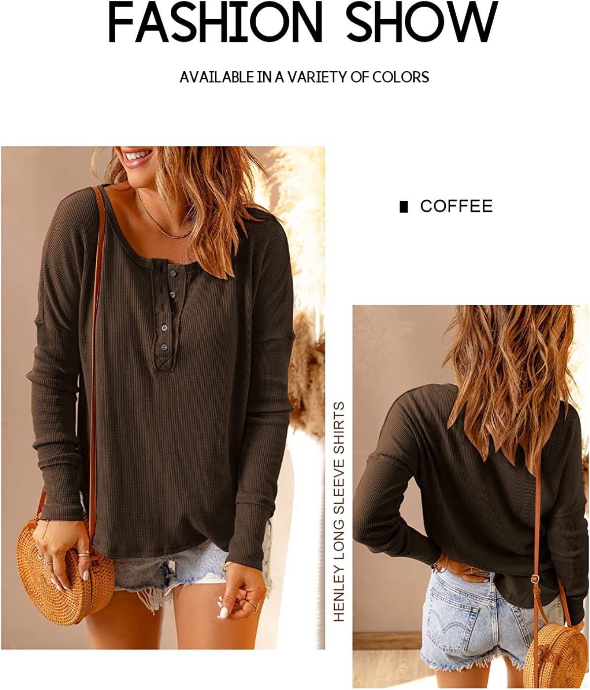 Beaully Women s Long Sleeve Henley Shirts Causal Crew Neck Button Waffle Knit Tops T Shirt