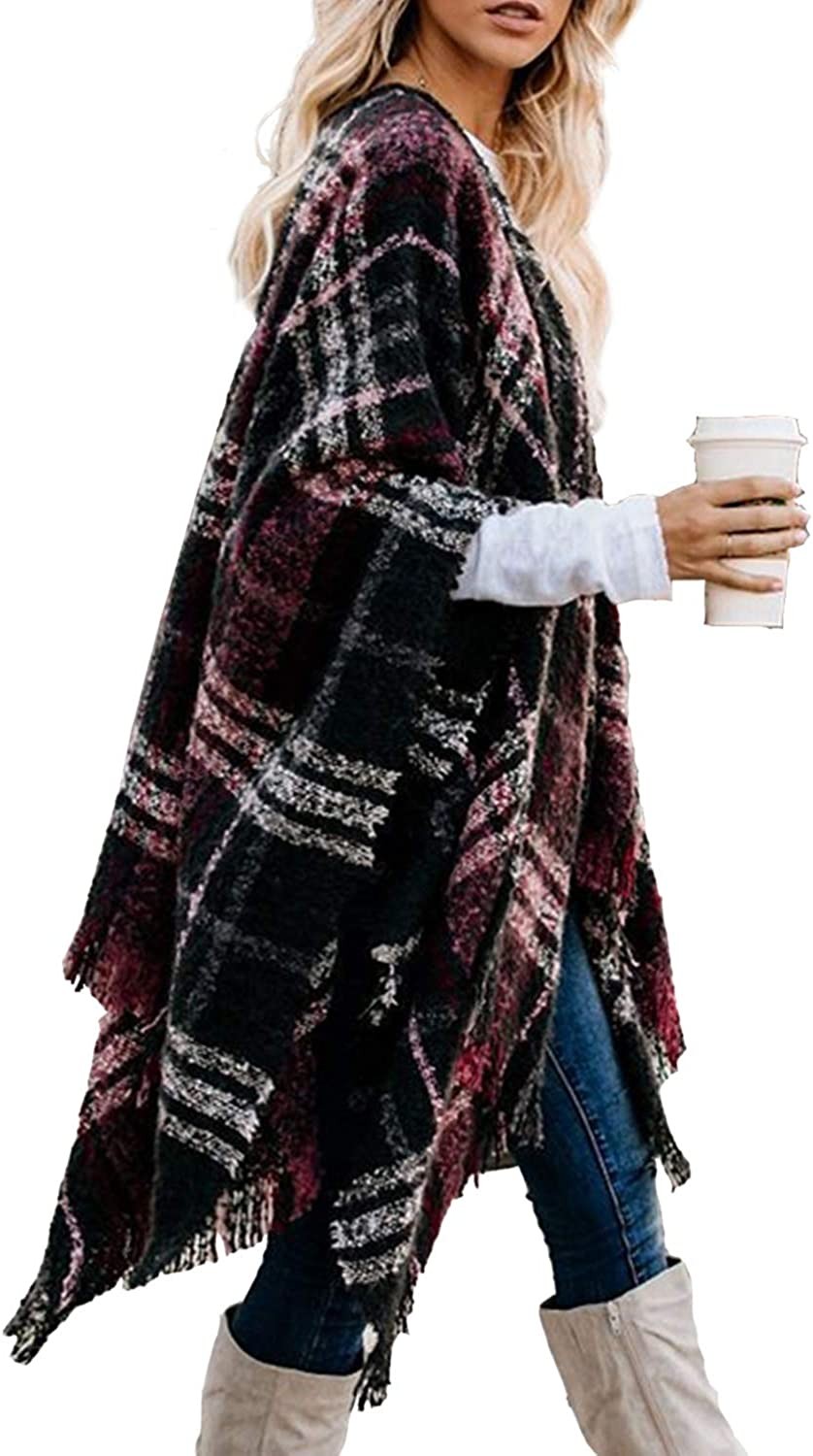 Bestshe Women s Boho Open Front Poncho Knitted Plaid Shawl Wrap Cape Tassel Cardigan Sweater