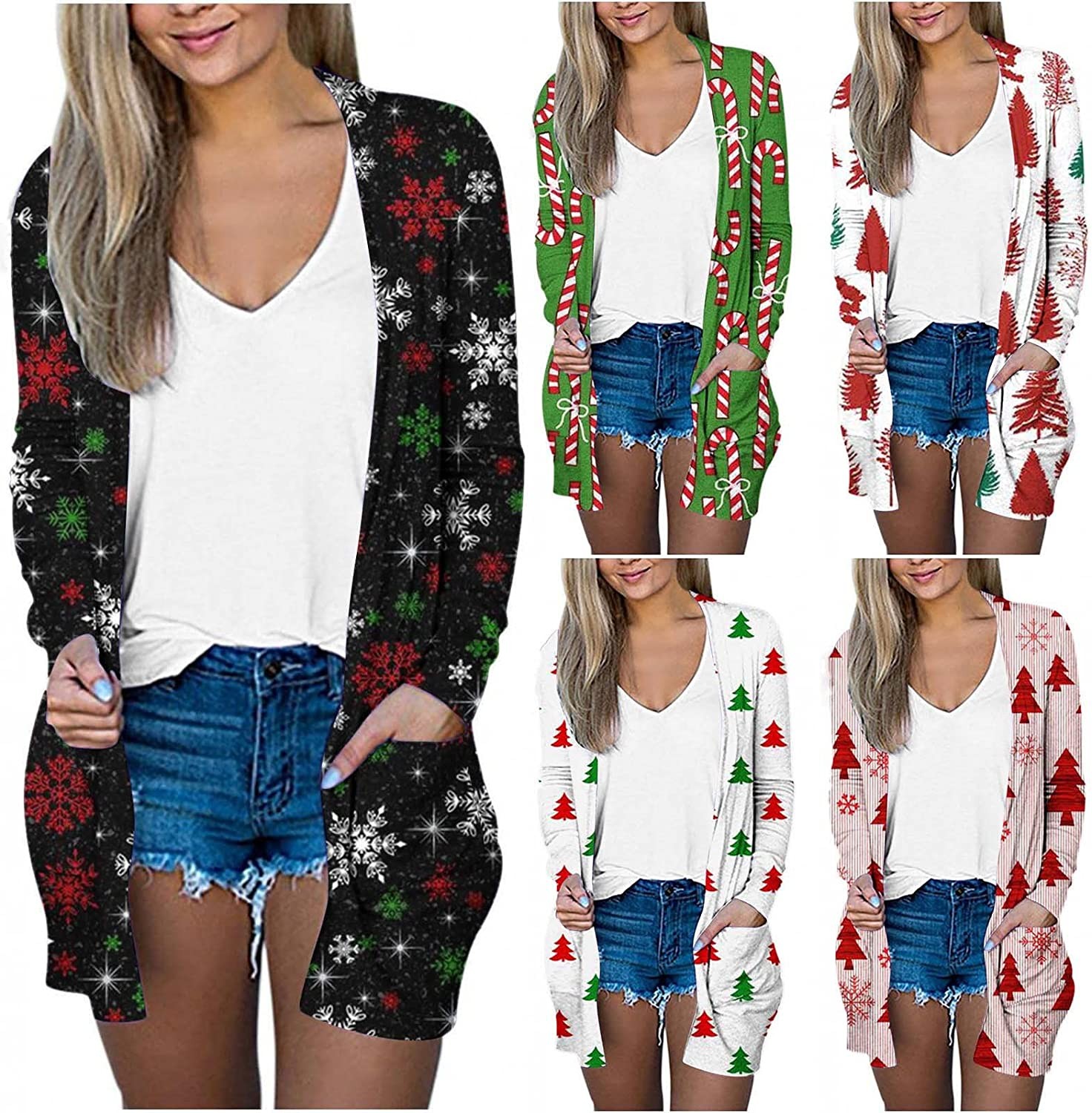 Christmas Cardigan for Women Ugly Christmas Sweaters Lightweight Open Front Cardigan Long Sleeve Graphic Tops
