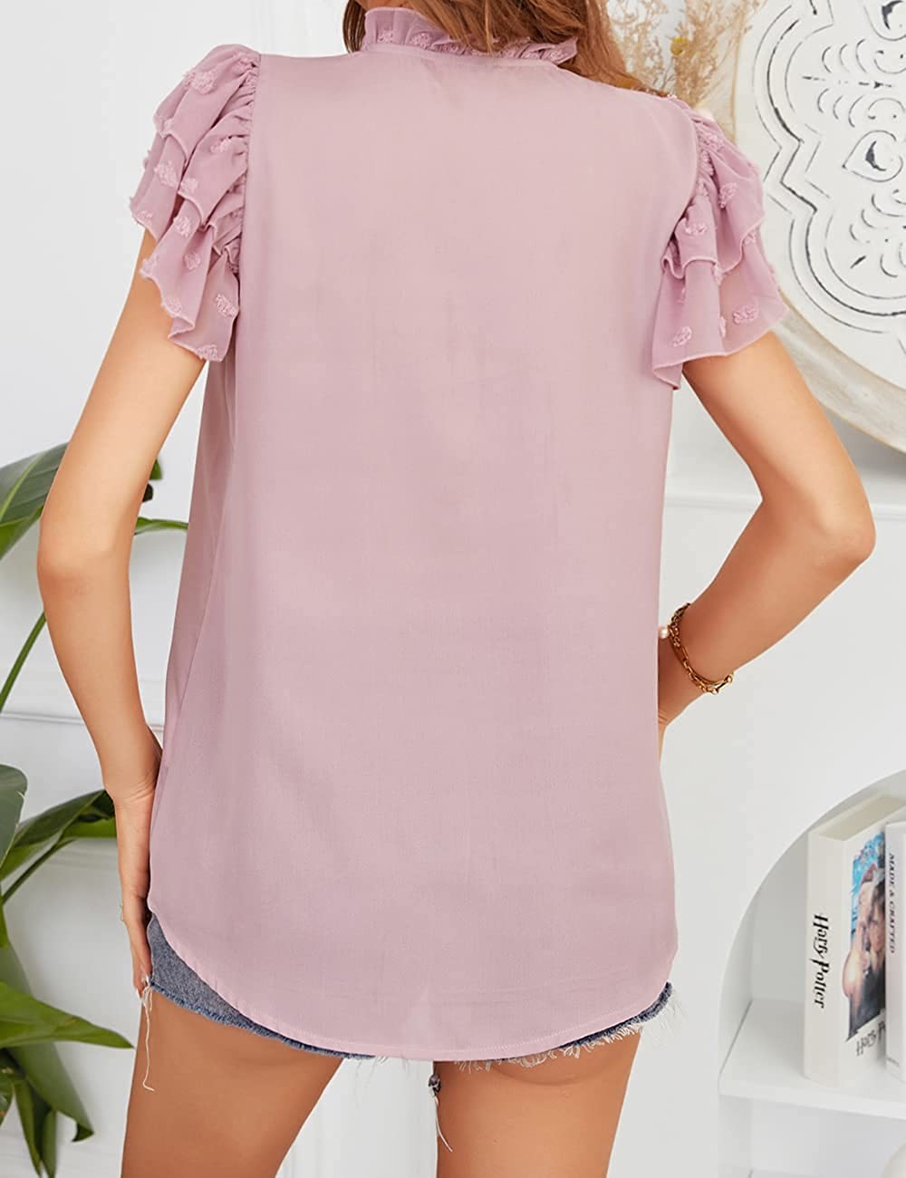Women s Casual Ruffle Short Sleeves V Neck Blouses Summer Chiffon Neck Tie Top Shirt