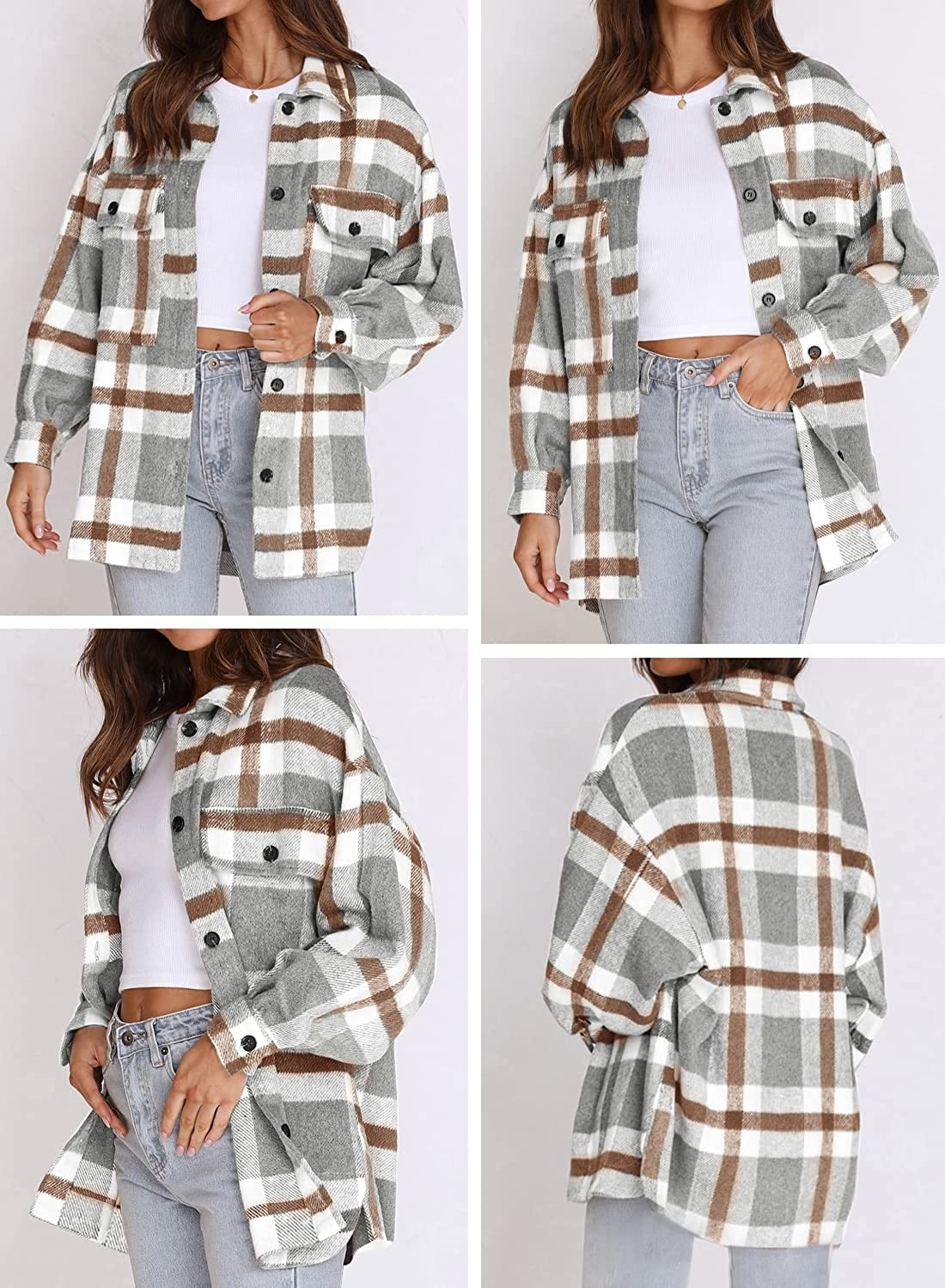 Beaully Women s Flannel Plaid Jacket Long Sleeve Button Down Chest Pocketed Shirts Coats Shacket