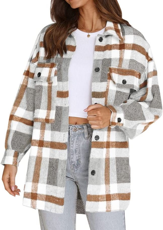 Beaully Women s Flannel Plaid Jacket Long Sleeve Button Down Chest Pocketed Shirts Coats Shacket