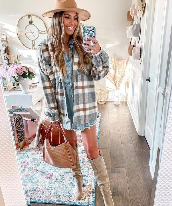 Beaully Women s Flannel Plaid Jacket Long Sleeve Button Down Chest Pocketed Shirts Coats Shacket