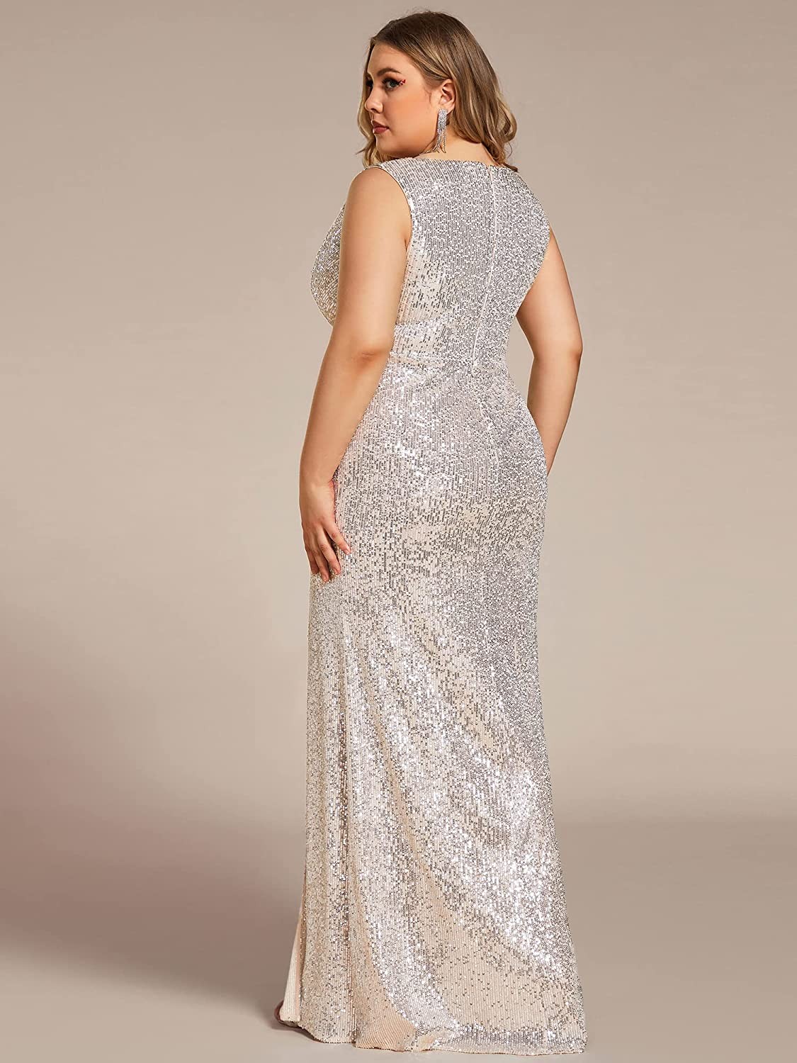 Ever-Pretty Women s Long Sleeve Plus Size Sequin Gown Side Slit Evening Gown 0824