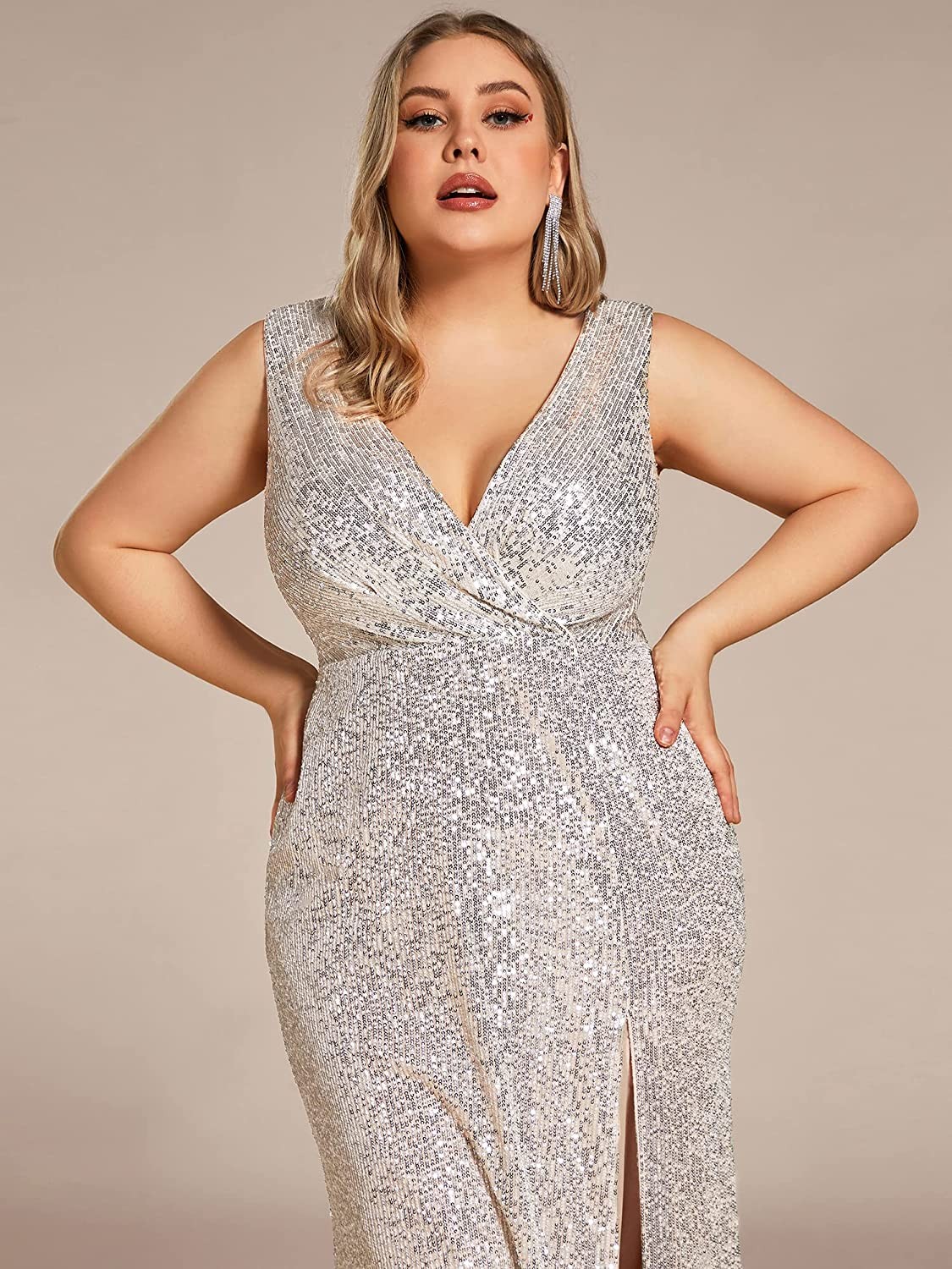 Ever-Pretty Women s Long Sleeve Plus Size Sequin Gown Side Slit Evening Gown 0824
