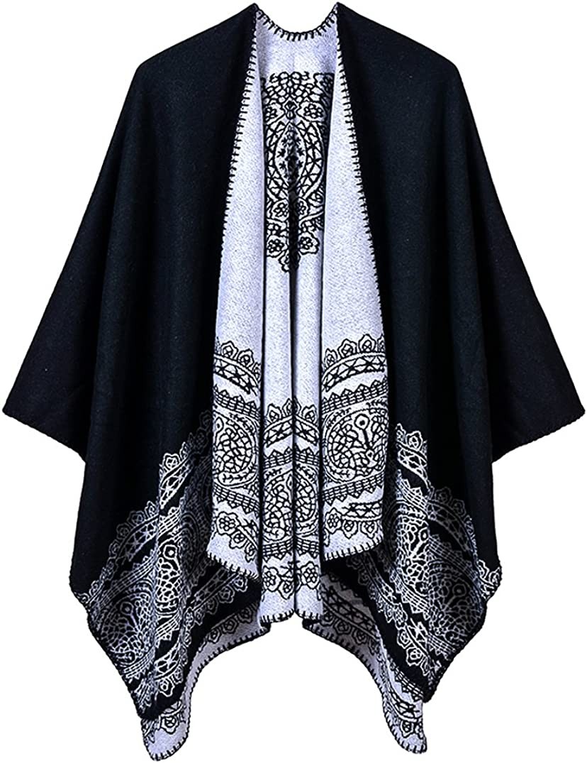 Women s Vintage Pattern Open Front Poncho Cape Shawl Winter Shawl Wraps