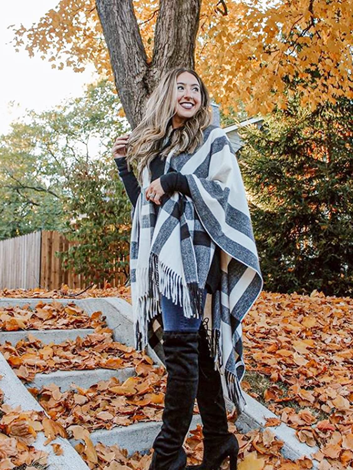 Moss Rose Women s Travel Plaid Shawl Wrap Open Front Poncho Cape for Fall Winter