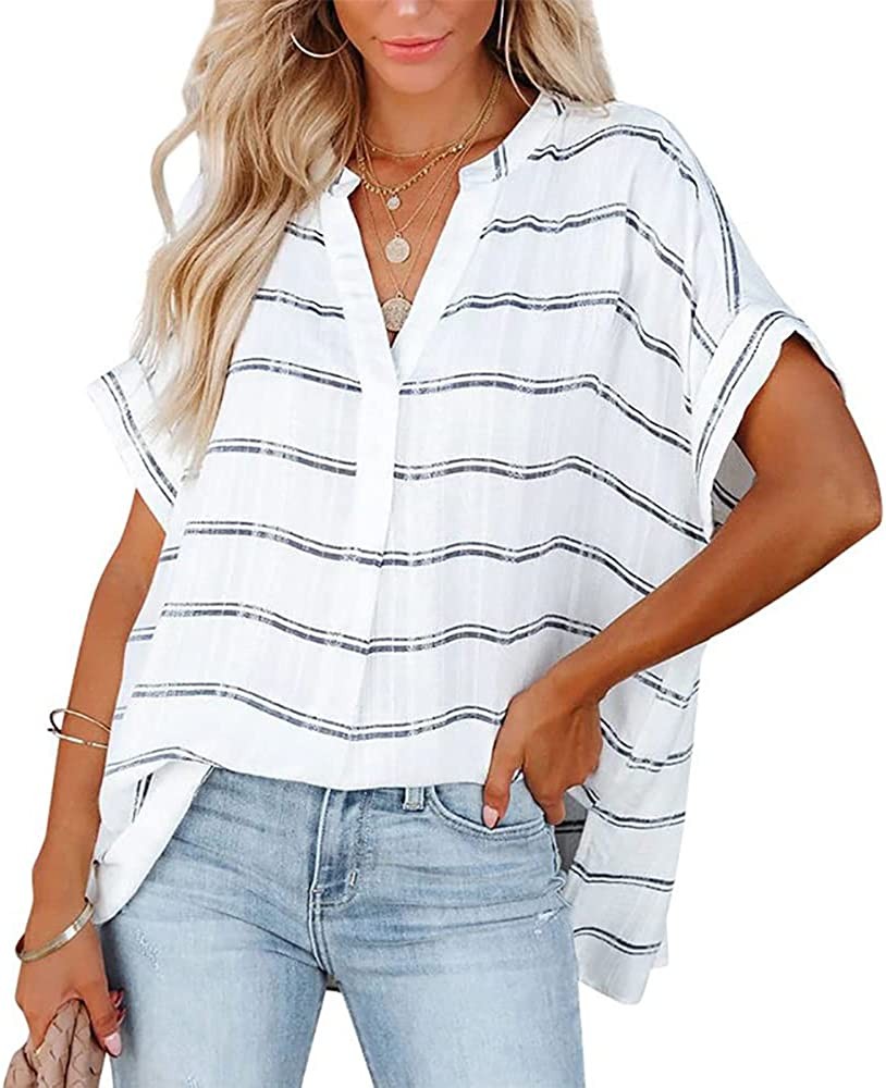 Womens Summer Split V Neckline Blouses Loose Short Sleeve Shirt Cuffed Sleeve Tunic Tops for Women