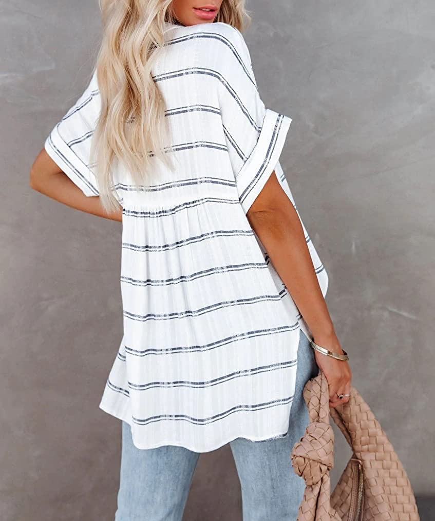 Womens Summer Split V Neckline Blouses Loose Short Sleeve Shirt Cuffed Sleeve Tunic Tops for Women