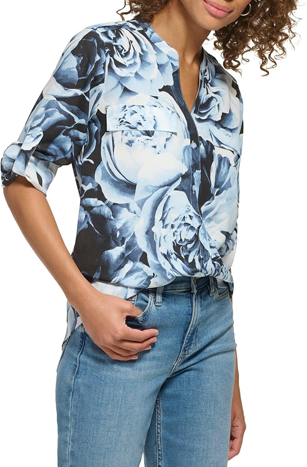 Calvin Klein Women s Essential Roll Tab Sleeve Longsleeve Printed Blouse