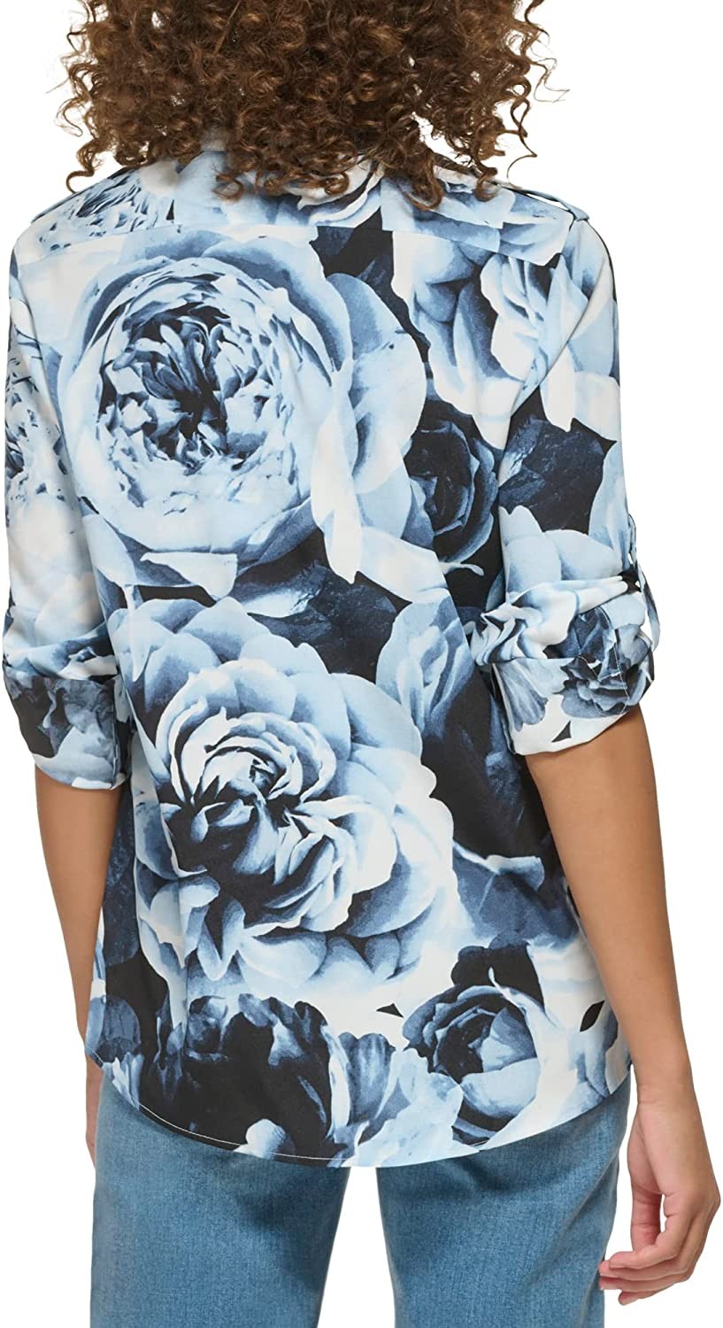 Calvin Klein Women s Essential Roll Tab Sleeve Longsleeve Printed Blouse