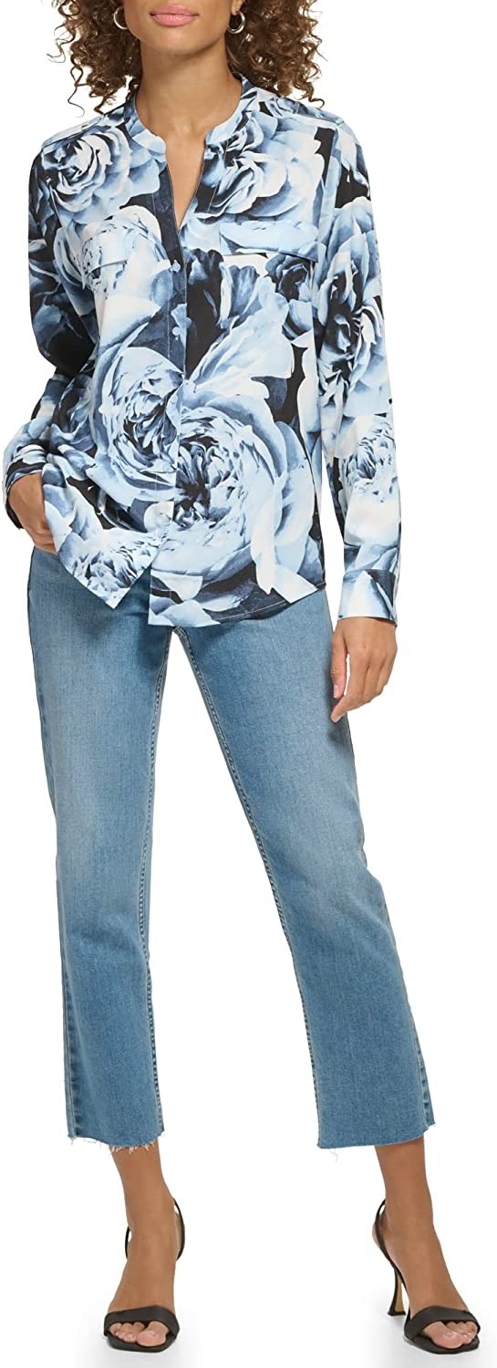 Calvin Klein Women s Essential Roll Tab Sleeve Longsleeve Printed Blouse