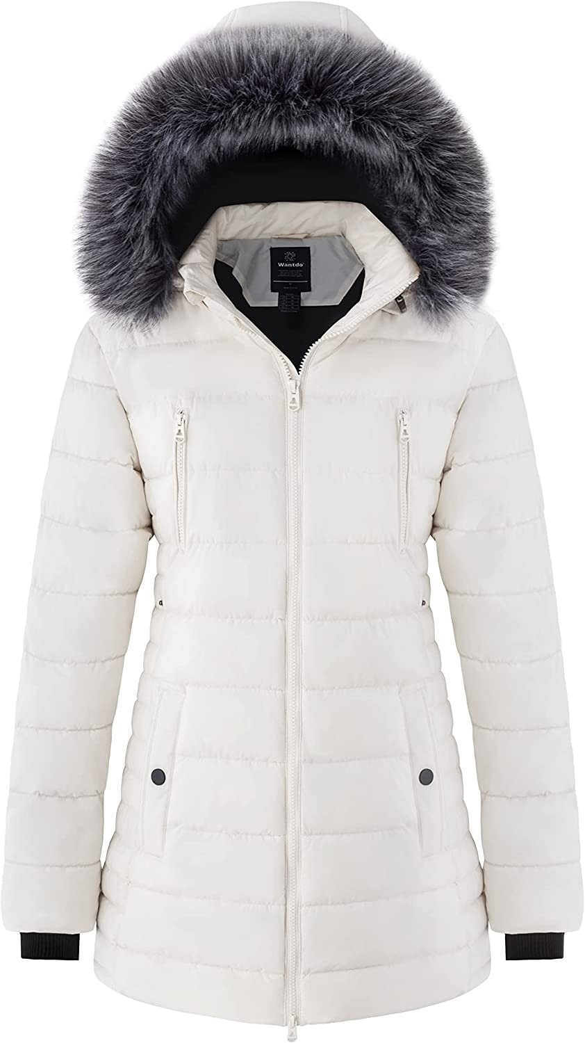 Wantdo Women s Warm Winter Coat Thicken Puffer Jacket Quilted Parka with Fur Trimmed Hood