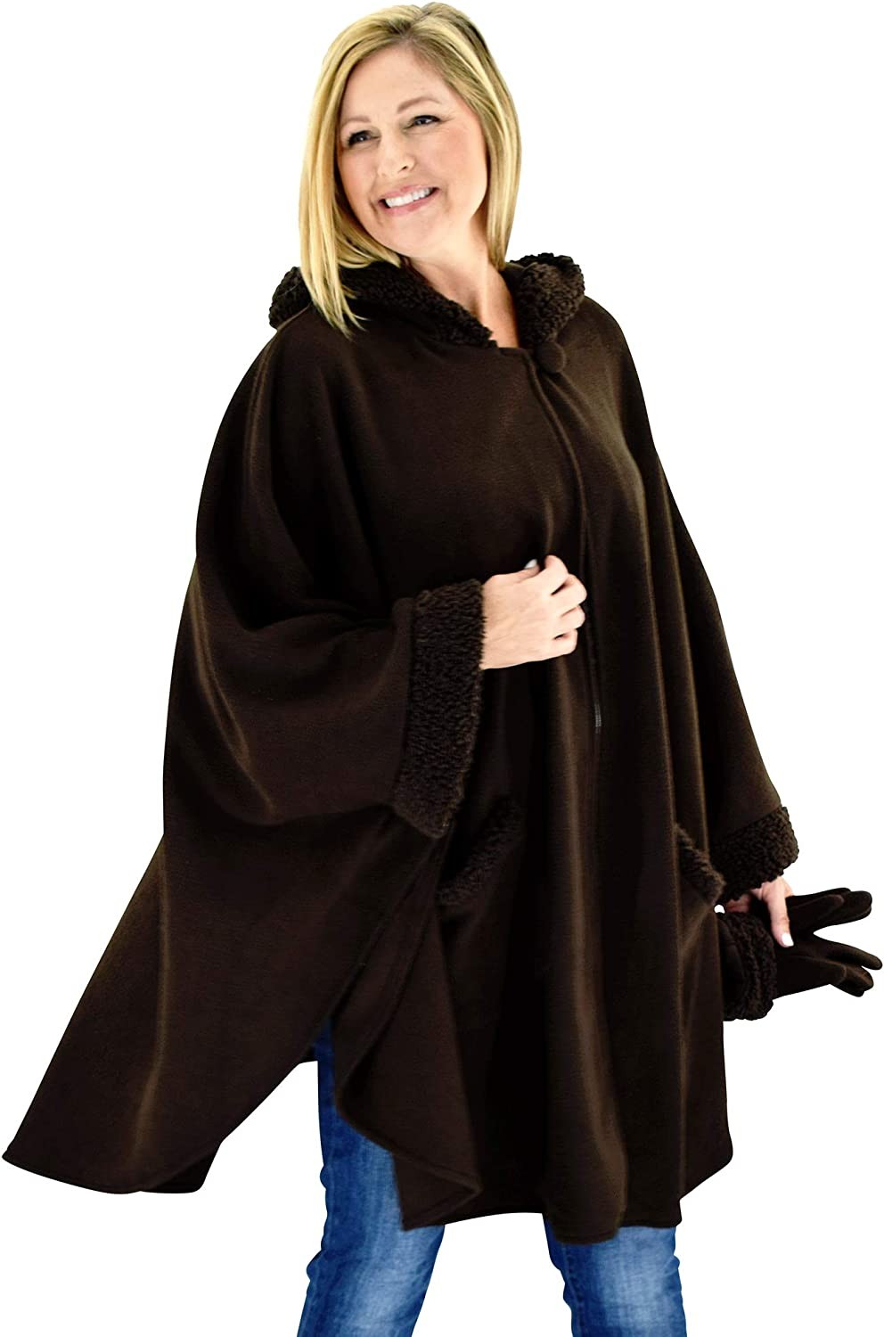 Le Moda Women’s Hooded Tonal Sherpa Trimmed Wrap with Matching Gloves | Winter Collection | One Size Fits All
