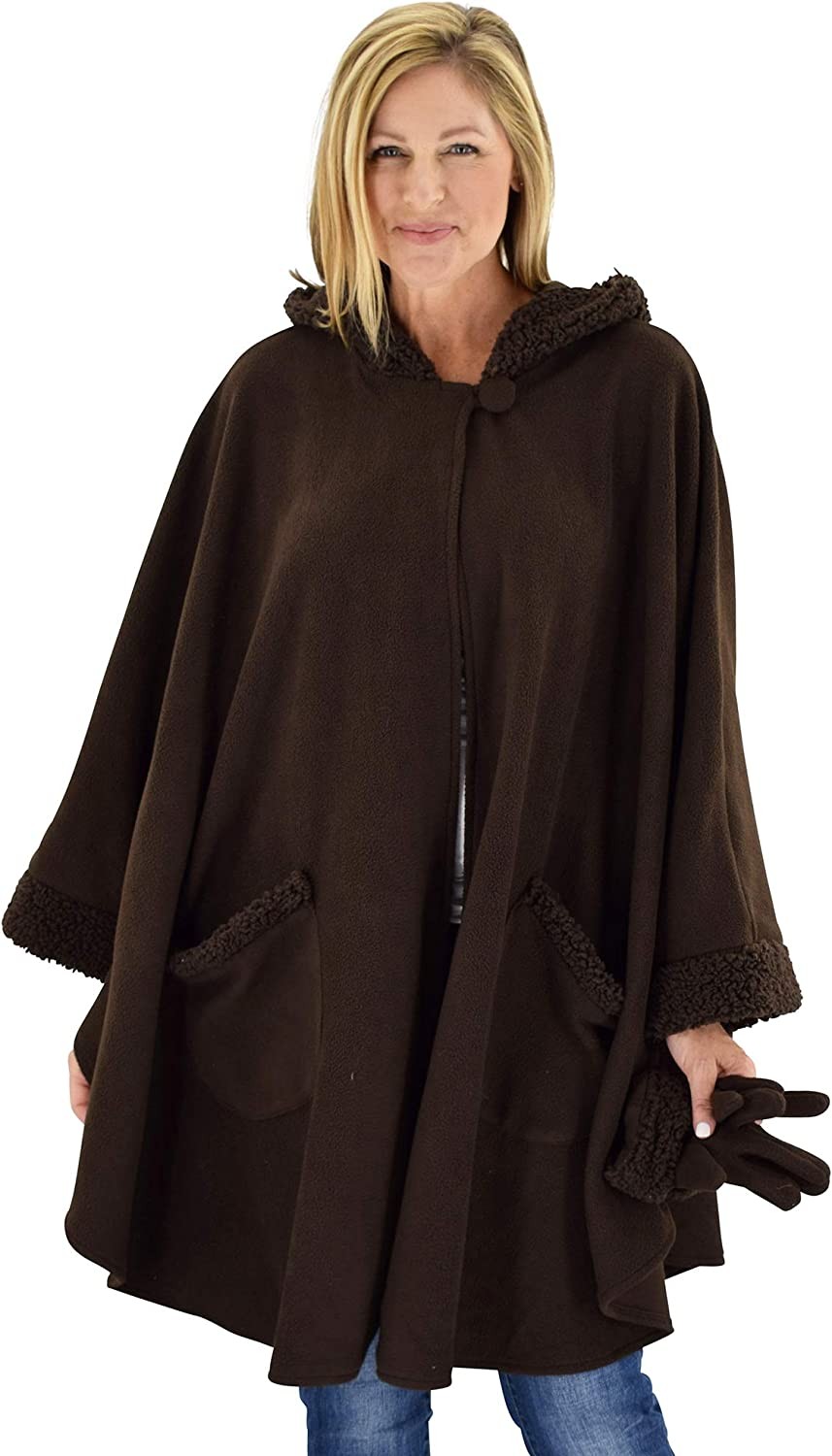 Le Moda Women’s Hooded Tonal Sherpa Trimmed Wrap with Matching Gloves | Winter Collection | One Size Fits All