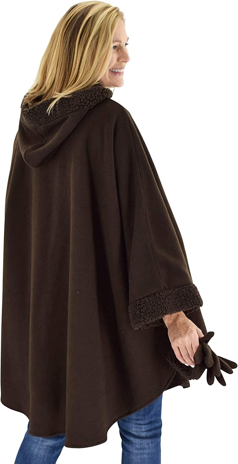 Le Moda Women’s Hooded Tonal Sherpa Trimmed Wrap with Matching Gloves | Winter Collection | One Size Fits All
