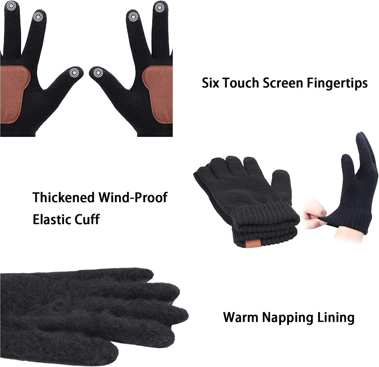 Men & Women Winter Knit Hat Beanie Long Scarf Touchscreen Gloves Set Skull Cap Neck Warmer Gloves Set with Fleece Lined