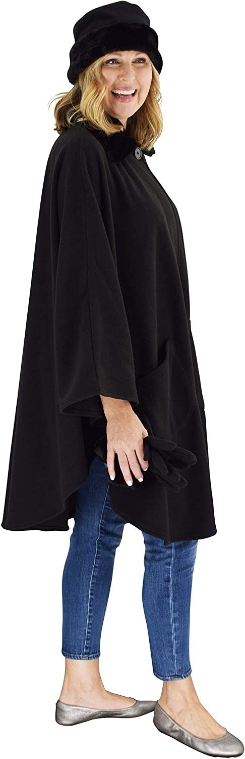 Le Moda Women s Sherpa Trim Polar Fleece Wrap with Matching Gloves and Hat | Winter Collection | One Size Fits All