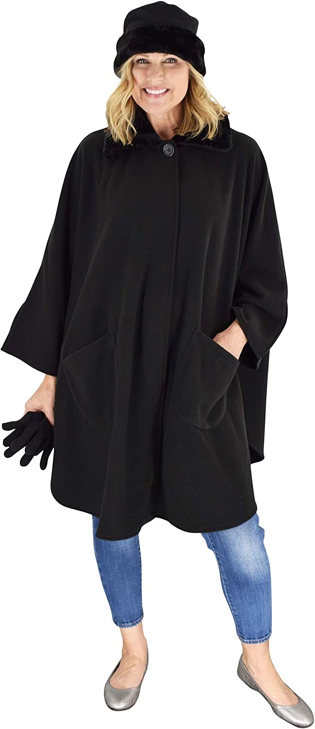 Le Moda Women s Sherpa Trim Polar Fleece Wrap with Matching Gloves and Hat | Winter Collection | One Size Fits All
