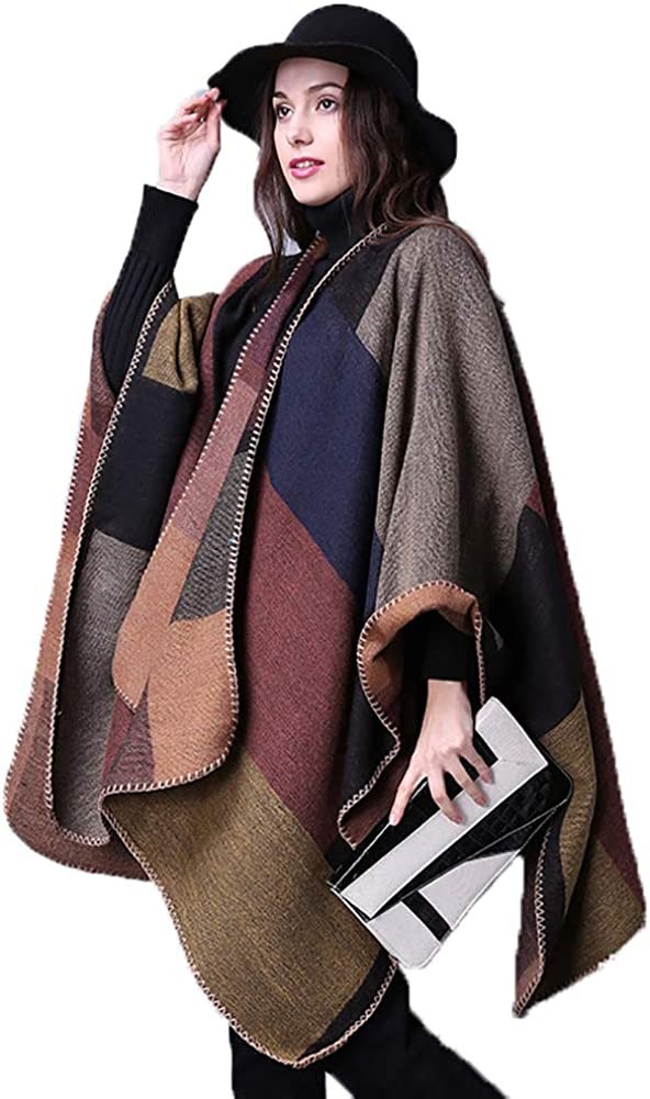 Epsion Women s Color Block Shawl Wrap Plus Size Cardigan Poncho Cape Open Front Long Winter Sweater Coat