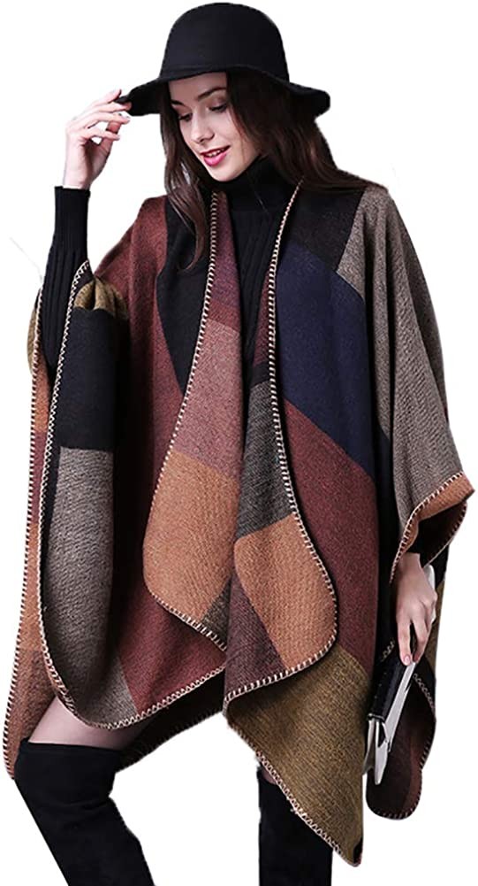 Epsion Women s Color Block Shawl Wrap Plus Size Cardigan Poncho Cape Open Front Long Winter Sweater Coat
