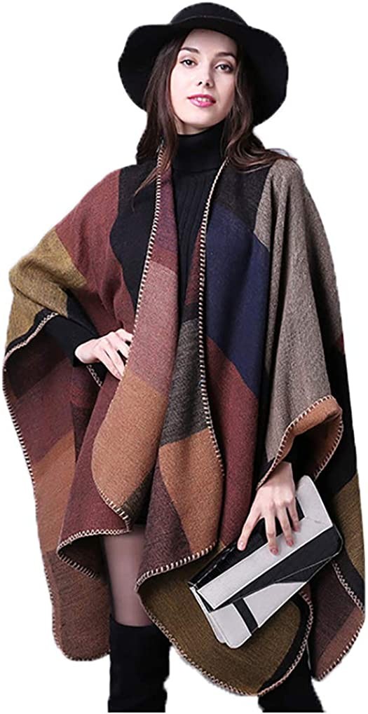 Epsion Women s Color Block Shawl Wrap Plus Size Cardigan Poncho Cape Open Front Long Winter Sweater Coat