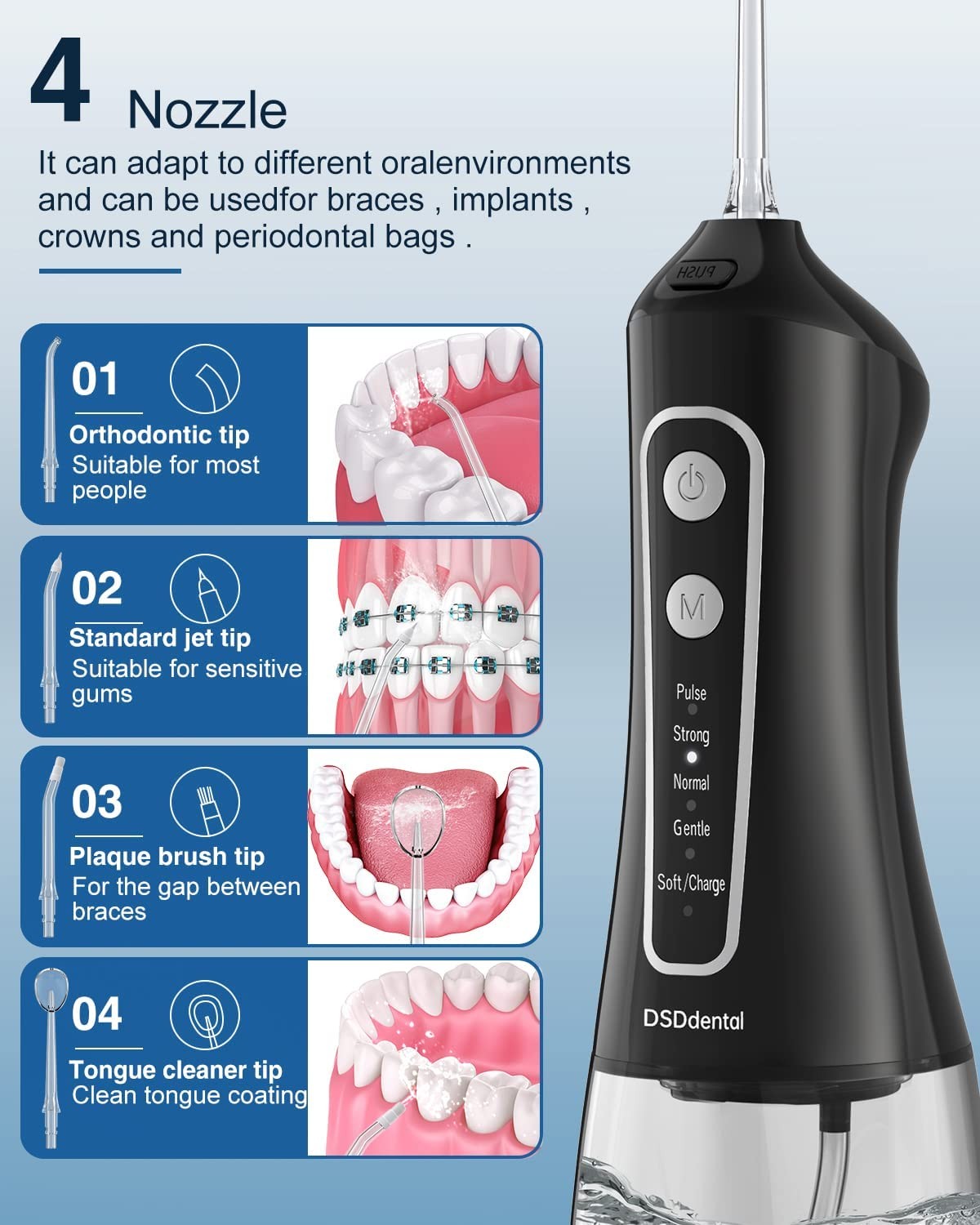 DSDdental Water Flosser Portable Dental Oral Irrigator with 5 Modes, 4 Jet Tips, Rechargeable IPX7 Waterproof Teeth Cleaner for Home and Travel -300ml Water Tank（Black）