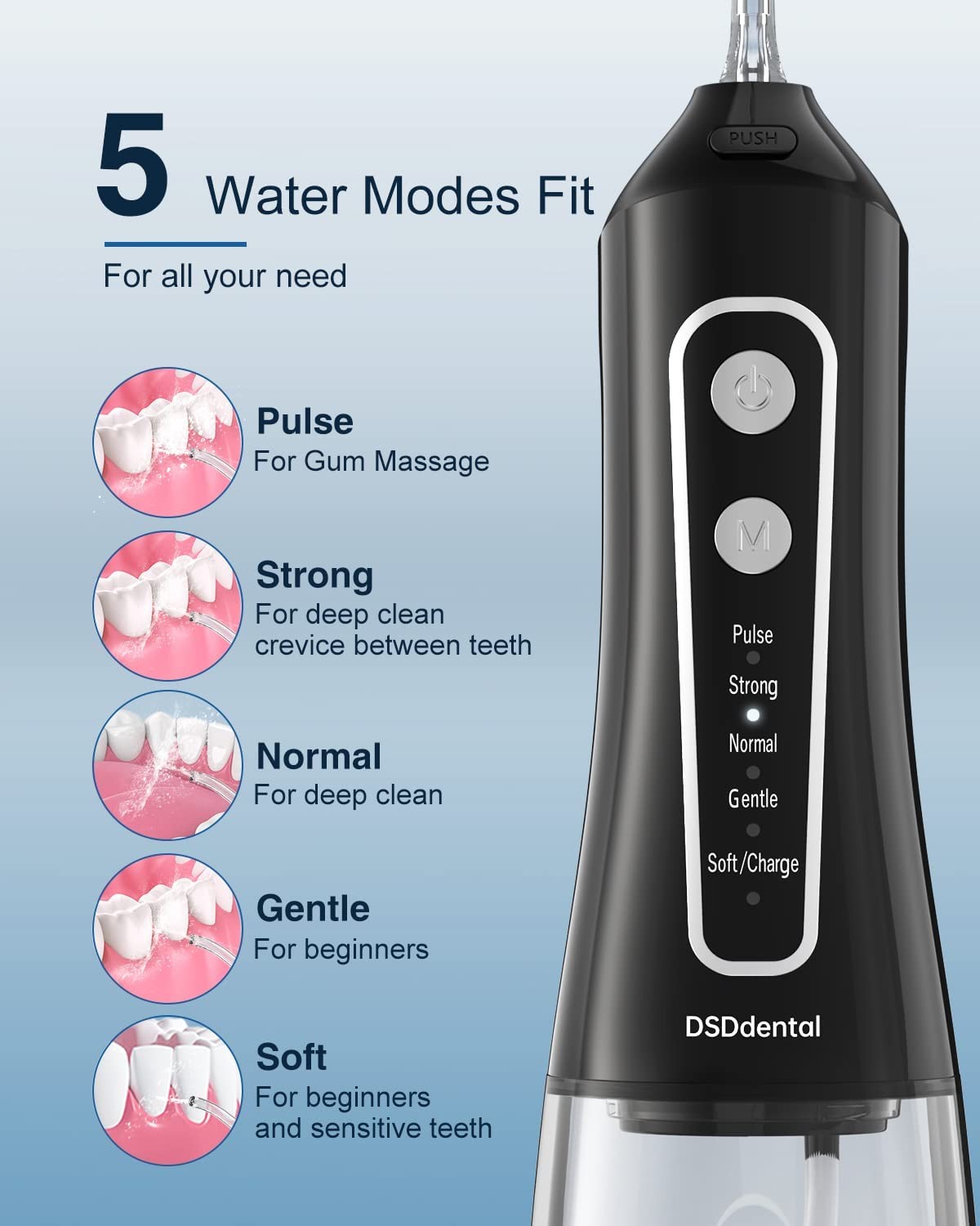 DSDdental Water Flosser Portable Dental Oral Irrigator with 5 Modes, 4 Jet Tips, Rechargeable IPX7 Waterproof Teeth Cleaner for Home and Travel -300ml Water Tank（Black）