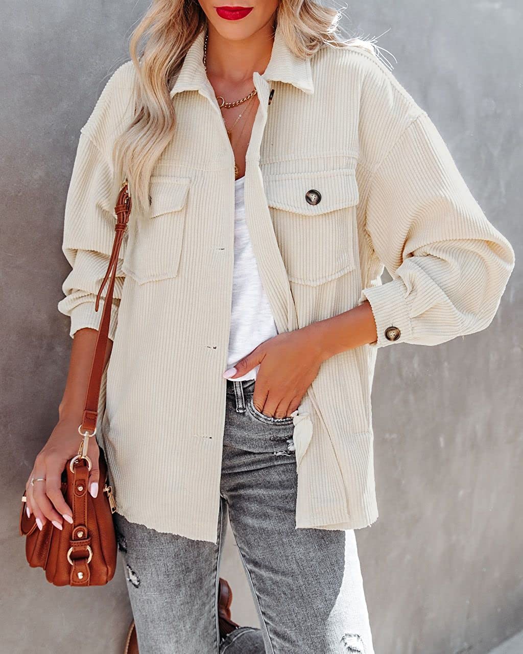 Beaully Women s Corduroy Button Down Shirts Casual Long Sleeve Oversized Jacket Shacket Coat with Pockets