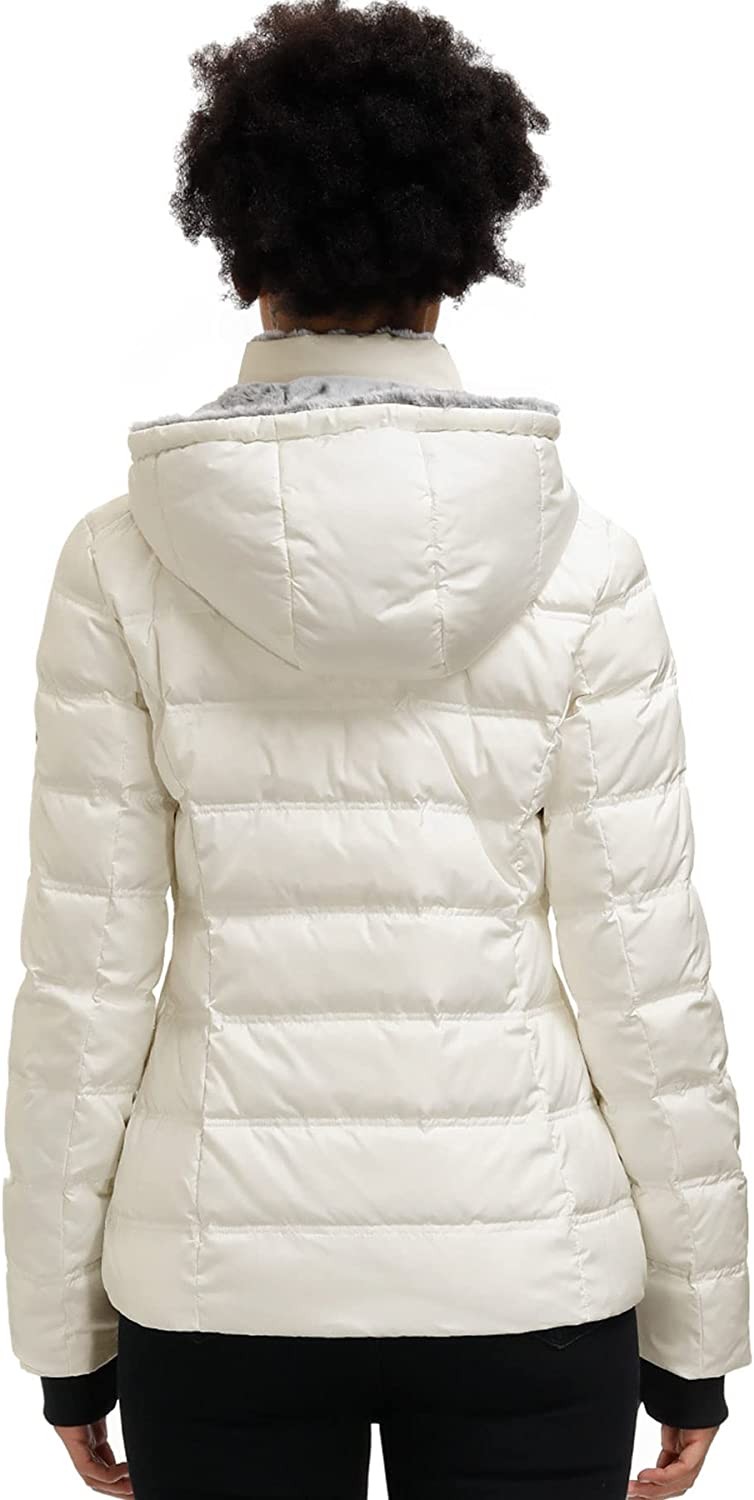 Women Midweight Winter Down Puffer Jacket, Warm Hooded Winter Down Jacket for Women with Faux-Fur Hood & Collar