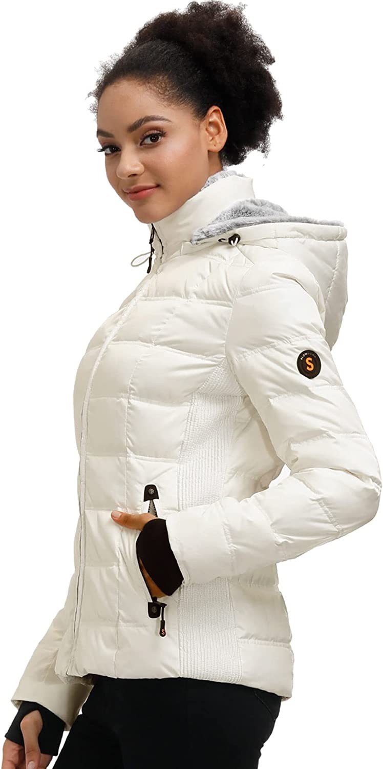 Women Midweight Winter Down Puffer Jacket, Warm Hooded Winter Down Jacket for Women with Faux-Fur Hood & Collar