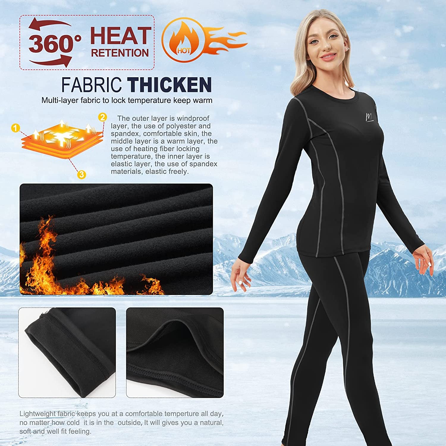 MeetHoo Thermal Underwear for Women Winter Warm Base Layer Compression Set Fleece Lined Long Johns Running Skiing
