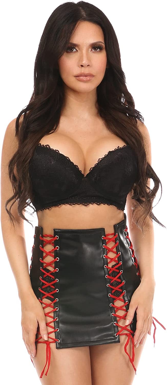 Daisy corsets Women s Black Faux Leather Lace-up Skirt W/Red Lacing