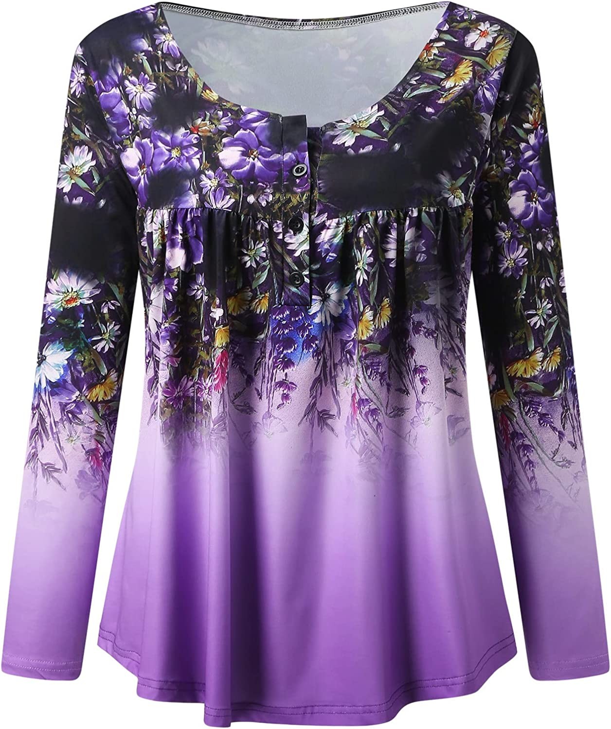 Womens Tops Hide Belly Tunic 2022 Fall Long Sleeve Dressy Casual Blouses Cute Flowy Pleated Henley Shirt for Jeans