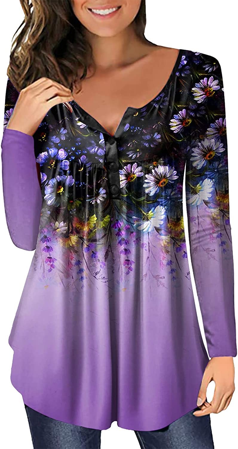 Womens Tops Hide Belly Tunic 2022 Fall Long Sleeve Dressy Casual Blouses Cute Flowy Pleated Henley Shirt for Jeans